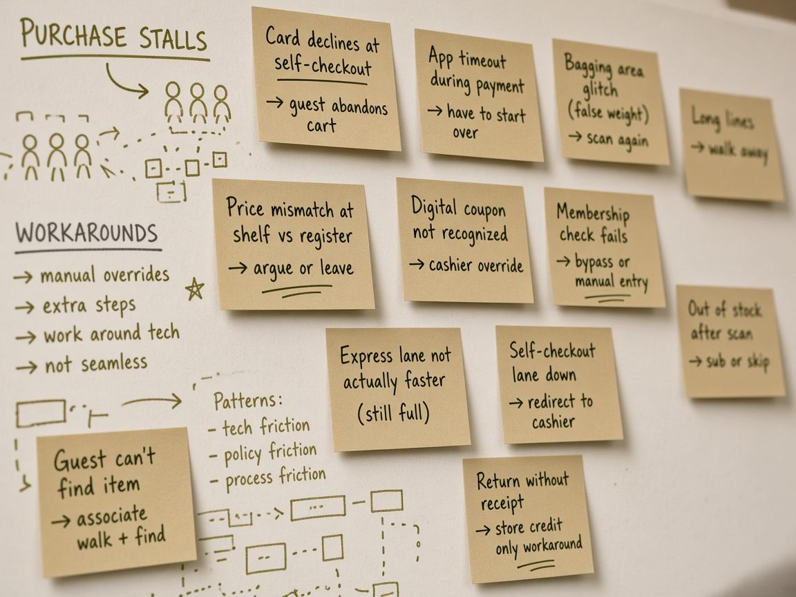Whiteboard showing clustered purchase friction notes from B2B buying research