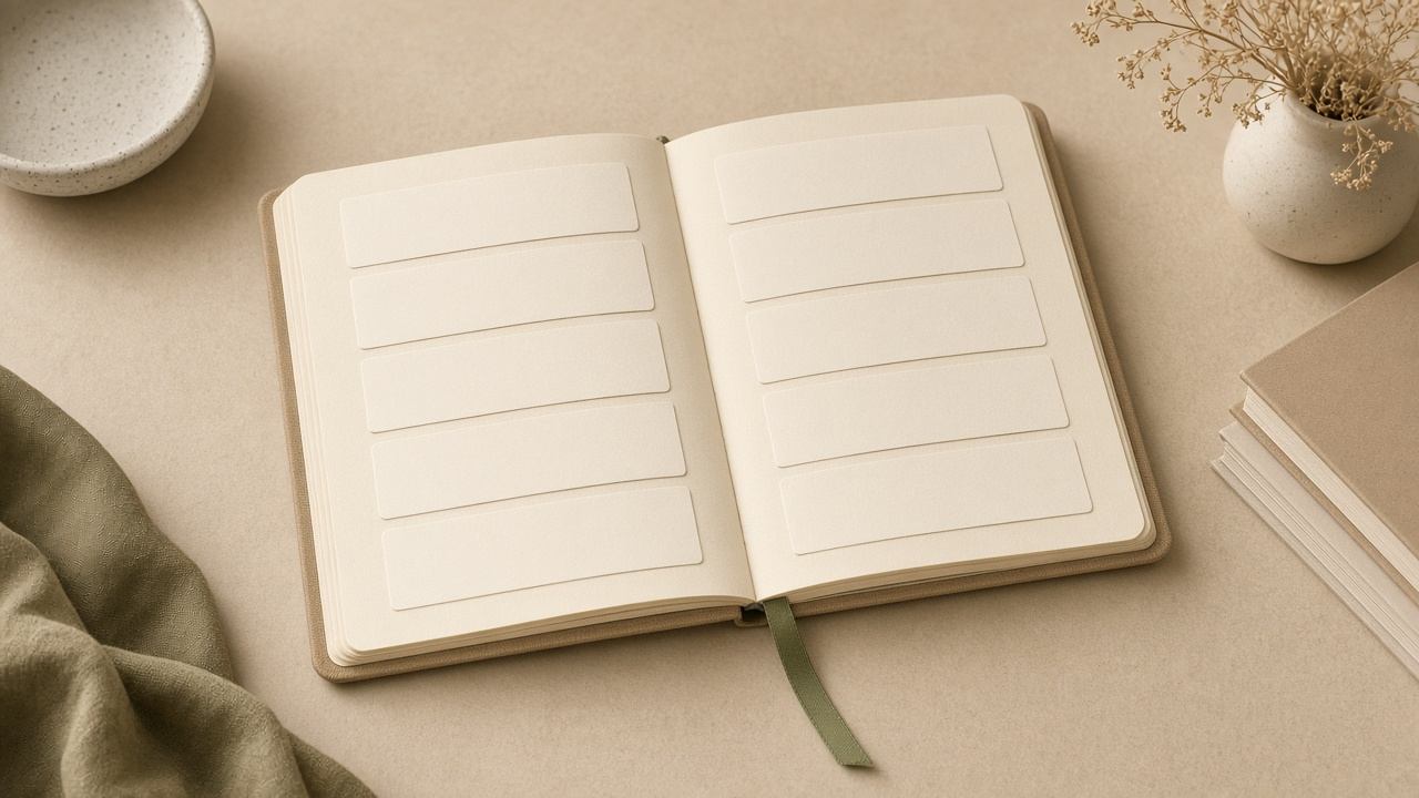 Open glossary notebook with research term cards on a cream editorial desk