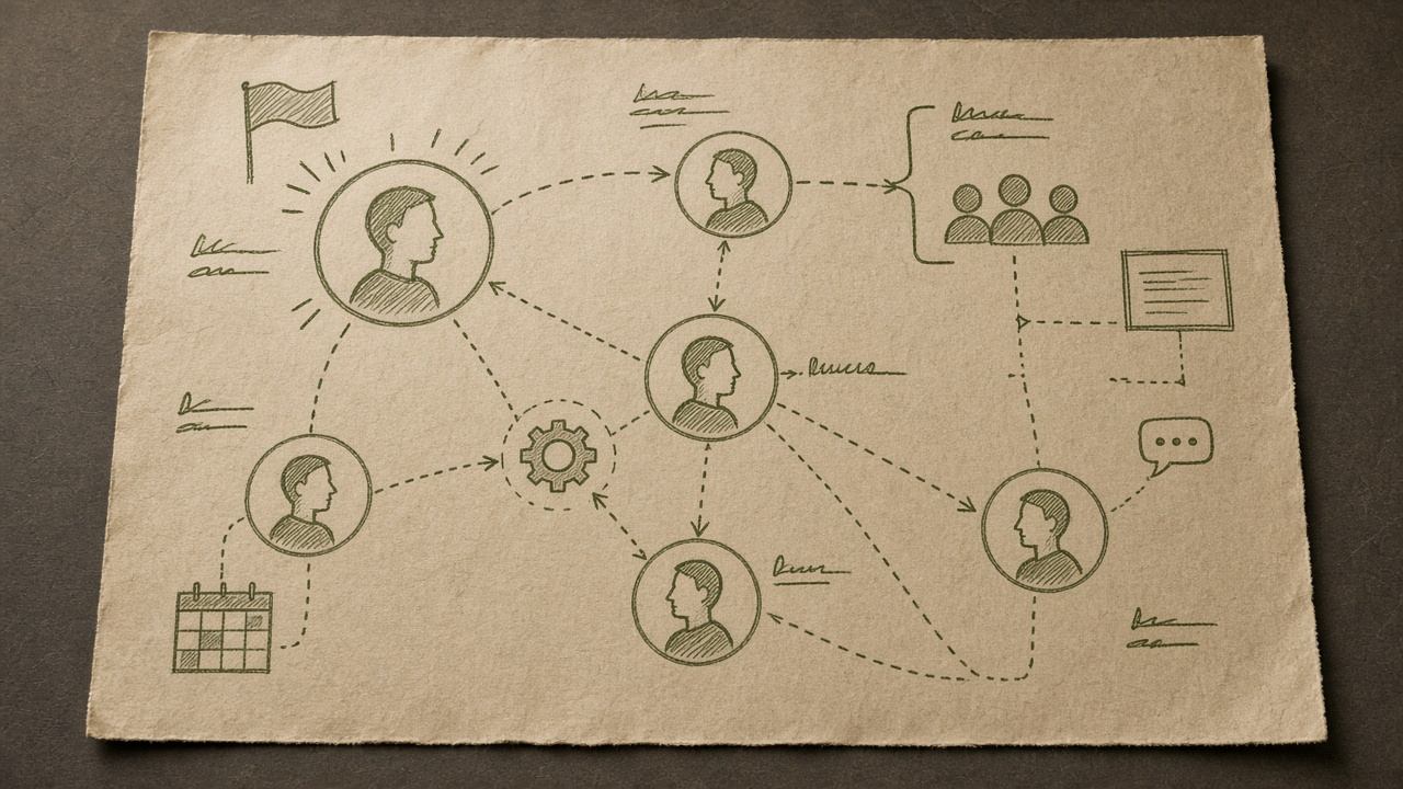 Organizational buying committee map sketched on cream paper with olive annotations