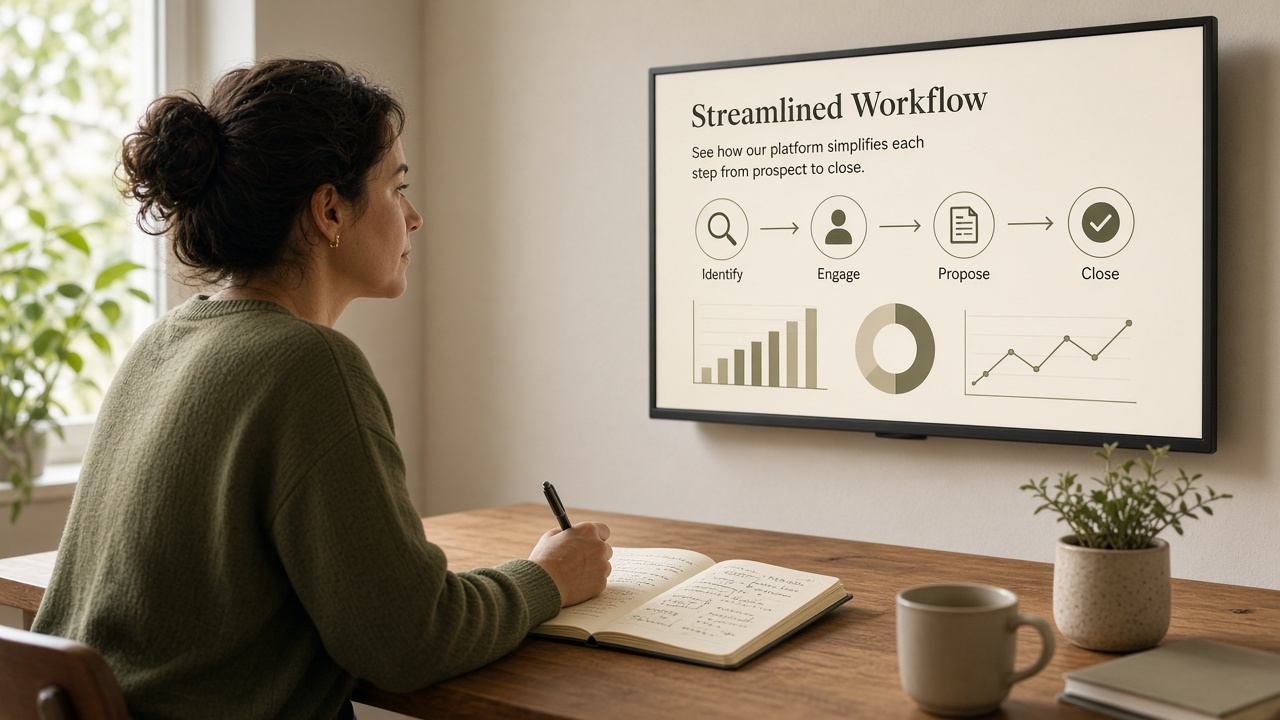 Analyst observing a product demo and annotating buyer touchpoints in a notebook